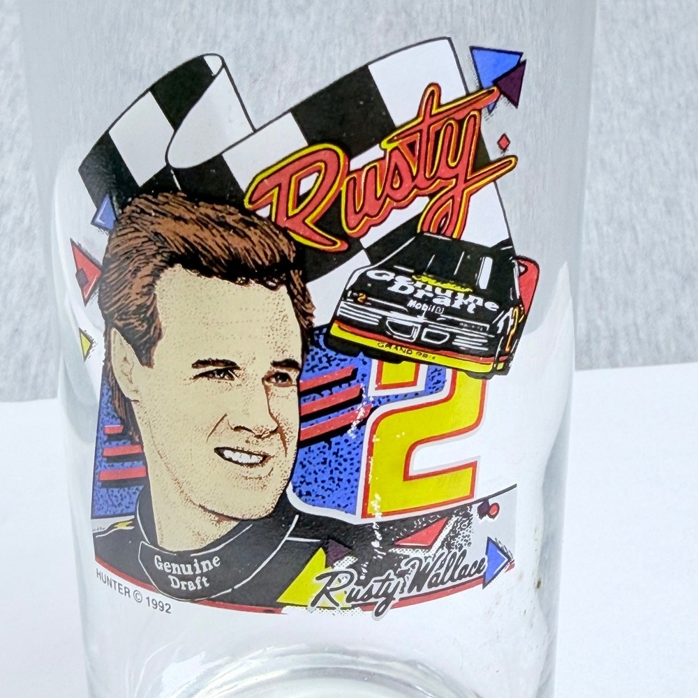 Vintage 1992 Rusty Wallace Miller Genuine Draft #2 NASCAR Drinking Glass Hunter